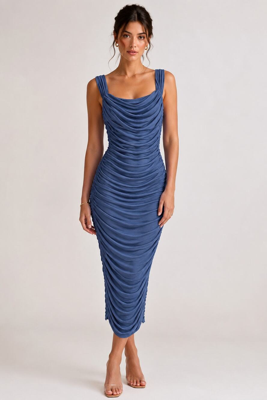 Paris Girl Blue Ruched Bodycon Midi Dress Women’s S Cowl Neck Stretch Y2K